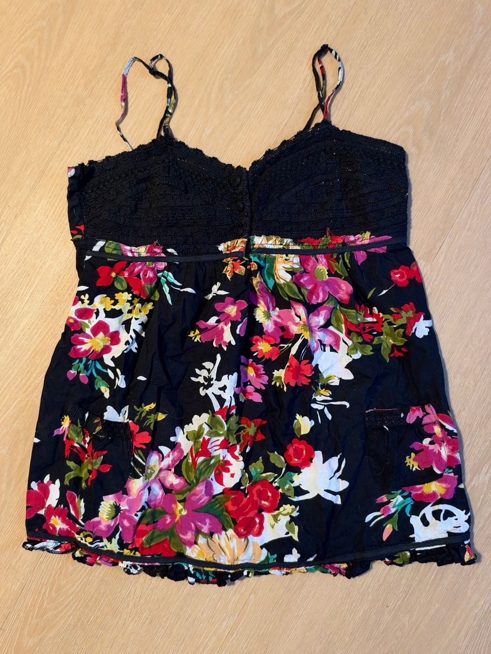 Fire Los Angeles Vintage Floral Black Spaghetti Strap Top size Large